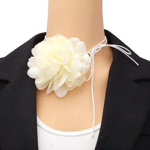 Elegant Oversized Fabric Flower Choker Necklace Satin Rose 3D Floral Ribbon Long Tie Adjustable For Women Wedding Party French Jewelry