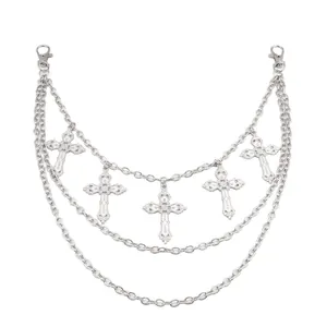 Multi-layer silver metal waist chain with vintage cross pendants for gothic style