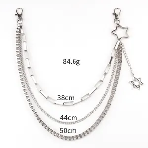 Three-layer silver metal pants chain with star charms, 38cm to 50cm in length