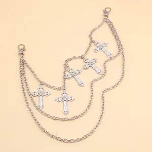 Retro multi-layer silver metal waist chain with ornate gothic cross pendants and lobster clasps
