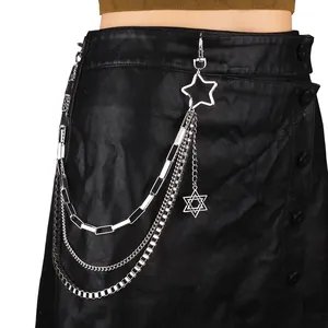 Silver punk waist chain with star pendant on black skirt for women's hip hop style