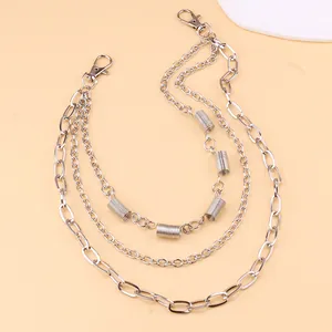 Three-layer silver metal waist chain with springs and lobster clasps in punk style