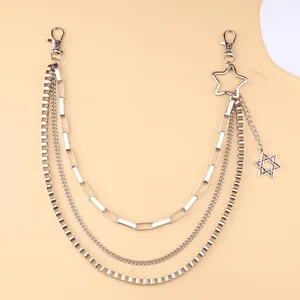 Silver multi-layer punk waist chain with star charms and lobster clasps for hip-hop style