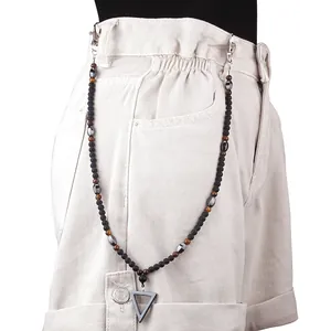 Cadena de pantalón para hombre con cuentas ojo de tigre y colgante de metal triangular
