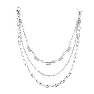 Three-layer silver metal pants chain with thick vintage links and lobster clasps