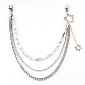 Silver punk multi-layer waist chain with pentagram star charms for women's outfits