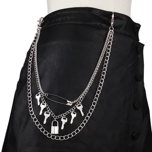 Cadena de Cintura Multicapa Vintage con Colgante de Llave y Candado Estilo Punk Streetwear Cadena de Pantalón de Aleación Plata