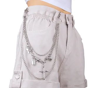 Multi-layer silver punk hip-hop waist chain with cross and padlock pendants for pants