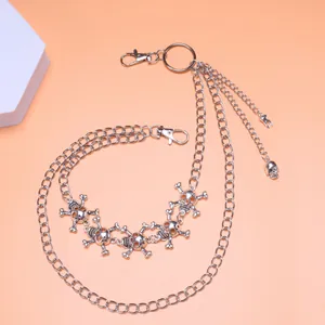 Punk hip hop style silver metal skull pants chain with multi-layer hanging skull charms