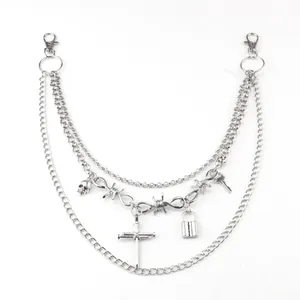 Multilayer punk hip-hop silver metal waist chain with cross, padlock and skull pendants
