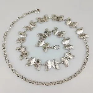 Retro silver metal butterfly waist chain with textured butterfly links and lobster clasp