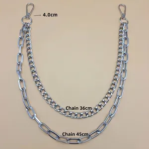 Double-layer silver wallet chain detail with 36cm and 45cm lengths and lobster clasp