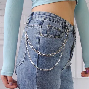 Chaîne de taille double couche en métal argenté style punk avec grands maillons et fermoirs
