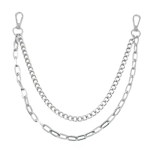 Dual-layer silver metal pants chain with street style lobster clasps on white background