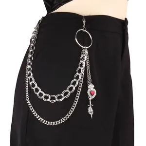 Hip Hop Multi Layer Alloy Pant Chain Silver Plated Red Heart Sword Pendant Punk Gothic Waist Chain Jewelry For Women Men