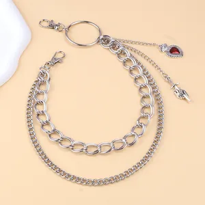 Punk style double-layered silver trousers chain with red heart and sword pendants