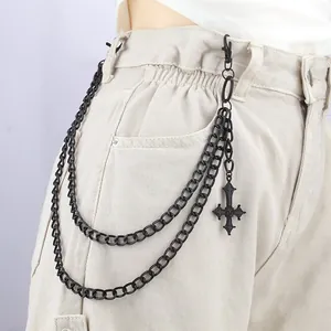 Punk Gothic Multi Layer Waist Chain With Cross Pendants For Men Women Hip Hop Matte Black Alloy Pant Chain Jewelry