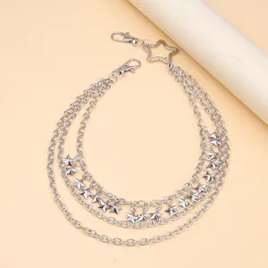 Multilayer silver metal waist chain featuring star pendants and hip-hop style lobster clasps