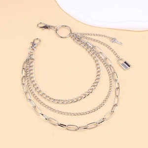 Drielaagse zilveren punk hip-hop tailleketting met metalen hangslot en sleutelhanger