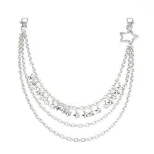 Multi-layer silver metal waist chain featuring multiple pentagram star charms and lobster clasps