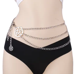 Punk style multilayered silver metal body chain with hollow pentagram star pendants