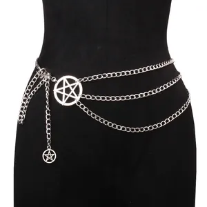 Vintage Layered Metal Waist Chain Hollow Pentagram Body Chain For Women Punk Silver Tassel Waist Belt Fashion Jewelry