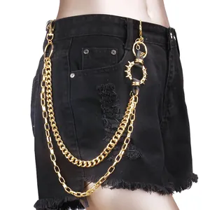 Golden multi-layer punk hip hop trousers chain with spikes on black denim shorts