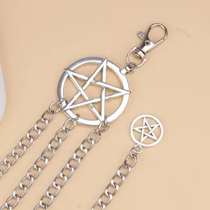 Retro pentagram layered silver chain belt with star pendants and hollow tassel design