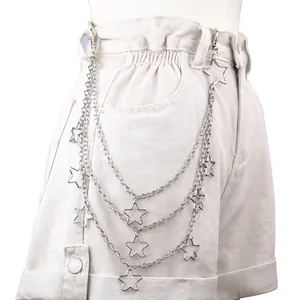 Dreilagige silberne Metall-Hosenkette mit hohlen Sternanhängern für Hip-Hop Punk Stil