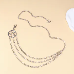 Vintage silver multi-layer body chain with hollow pentagram star pendants and fringe chains
