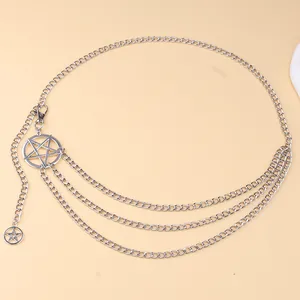 Detail of silver body chain with hollow star ring, triple layered tassels and lobster clasp