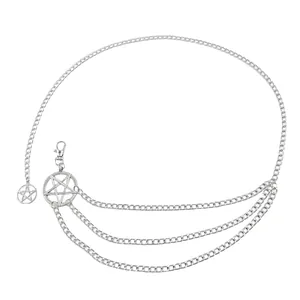 Silver multi-layer waist chain with vintage pentagram pendant and punk style fringe