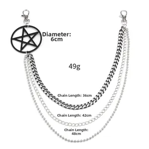 Three-layer metal pant chain detail with silver chains and black pentagram pendant