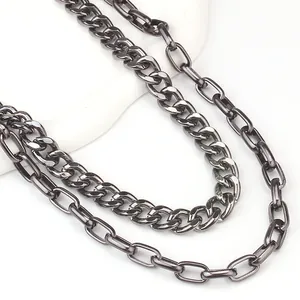 Detail of gunmetal punk hip hop wallet chains in Cuban and oval link metal styles