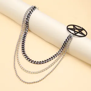Gothic multi-layer metal pants chain with black pentagram pendant for hip-hop style