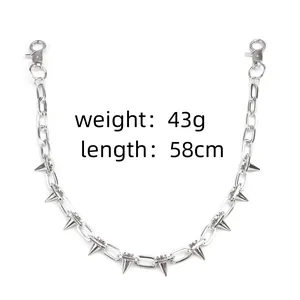 Detail of silver punk pant chain with metal spikes, 58cm length with lobster clasps