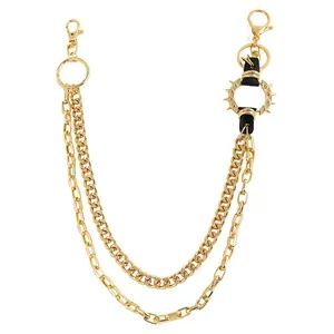 Double-layer gold punk pants chain with spiked ring and curb chain styling