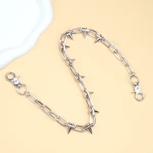 Silver punk trousers chain with metal cone studs and dual lobster clasps for accessory styling