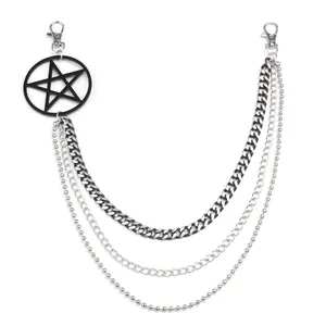 Three-layer silver hip hop wallet chain with pentagram star pendant and lobster clasps