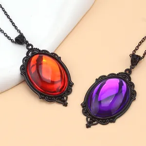 Gothic Vintage Oval Crystal Pendant Necklace Black Filigree Frame Halloween Jewelry For Unisex Punk Style Necklace
