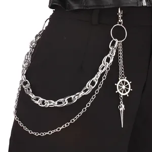 Punk-Silber-Mehrschicht-Metall-Hosenkette mit Ruder- und Stachel-Anhängern im Gothic-Stil