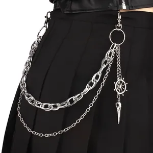 Gothic punk layered silver metal pants chain with bird skull and nautical pendants