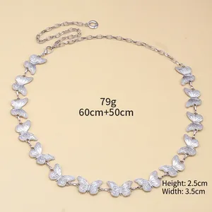 Silver hollow butterfly waist chain detail with heart charm and adjustable clasp link