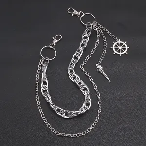 Gothic multilayer silver pants chain featuring a bird skull and helm rudder pendant