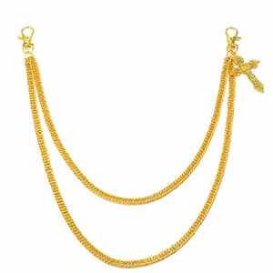 Detail view of gold layered hip-hop pants chain with cross pendant and size dimensions