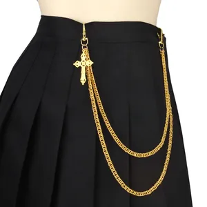 Layered Gold Color Pant Chain With Carved Cross Pendant Hip Hop Punk Waist Chain For Men Women Streetwear Accessory