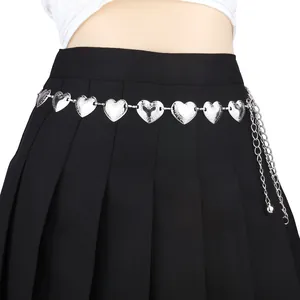 Adjustable silver heart-shaped metal waist chain belt with intricate floral engravings