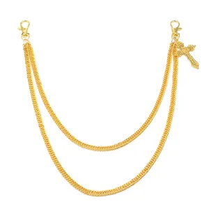 Golden double-layer cross pants chain with lobster clasps in punk hip-hop style
