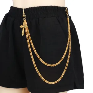 Gold double-layered hip hop trousers chain with cross pendant and lobster clasps
