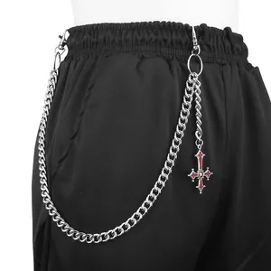 Gothic Punk Metal Waist Pant Chain Silver Curb Link Belt With Red Cross Pendant For Men Women Hip Hop Streetwear Accessory